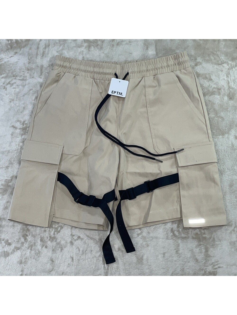 NEW! EPTM Khaki Solid Cargo Shorts w/ Straps Drawstring Elastic Waist Mens S-30